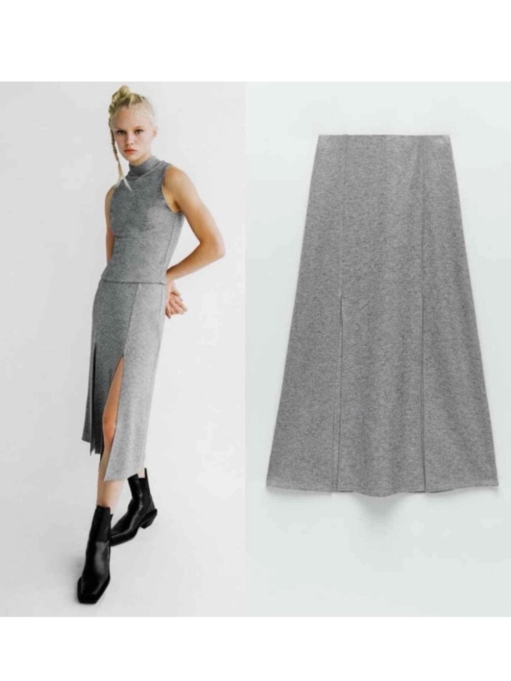 Zara Wool Blend Grey Ribbed Knit Midi Skirt Double Front Slit Small S [TE]